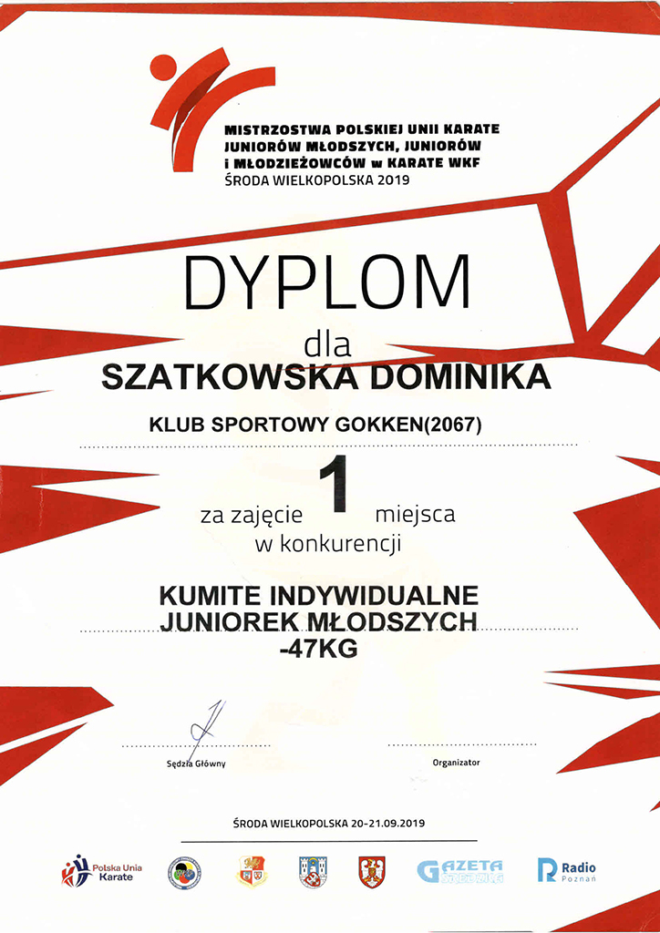 Dyplom Dominiki za 1 miejsce w Mistrzostwach Polski w Karate - Środa Wielkopolska 2019
