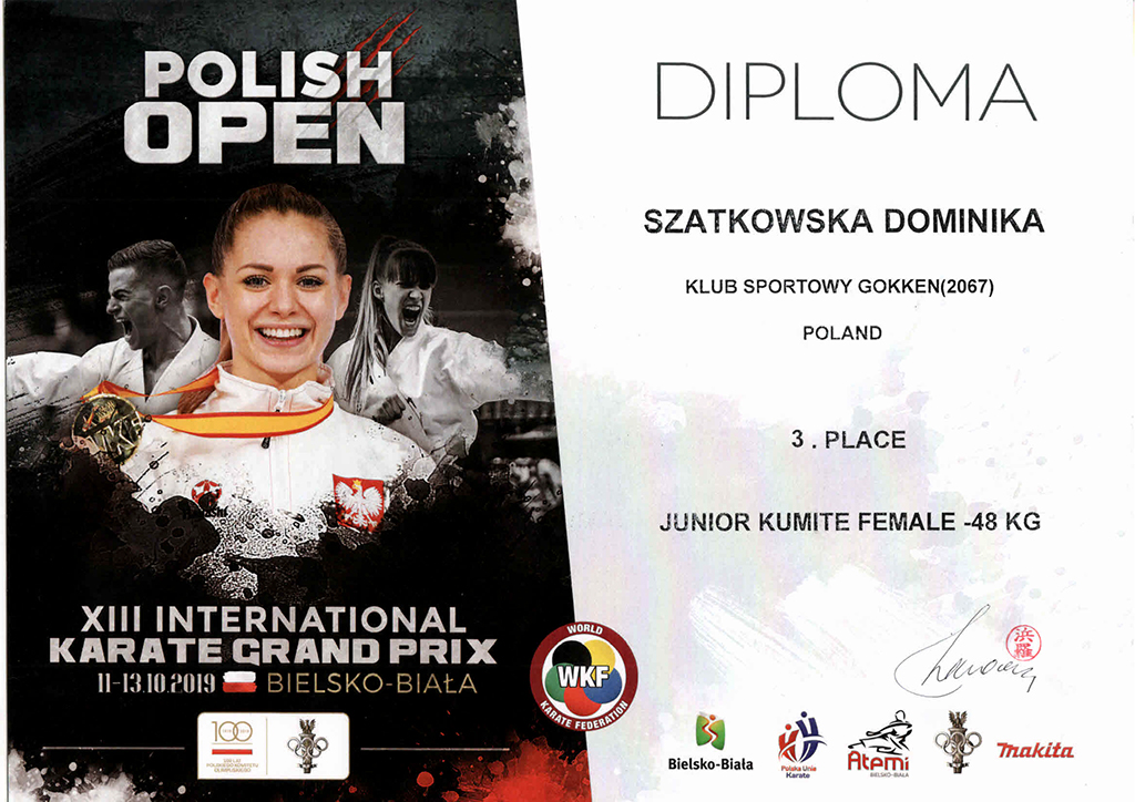 Dyplom Dominiki za 3 miejsce w Polish Open w Bielsku Białej